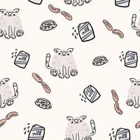 Cute cartoon cat vector seamless pattern. Funny hand drawn animal character with sausages, pack of milk and cat bowl.  Suitable for fabric, textile, wrapping paper, wallpaper.