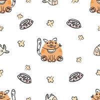 Cute cartoon cat and fish vector seamless pattern. Funny hand drawn animal characters. Suitable for fabric, textile, wrapping paper, wallpaper.