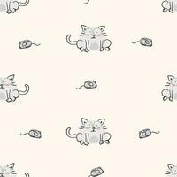 Cute cartoon cat and mouse vector seamless pattern. Funny hand drawn animal characters. Suitable for fabric, textile, wrapping paper, wallpaper.