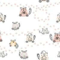 Cute cartoon cats vector seamless pattern. Funny hand drawn animal characters with different emotions.  Suitable for fabric, textile, wrapping paper, wallpaper.