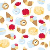 Cute cartoon french doodles vector seamless pattern. Illustration with camera, perfume, cheese, macaron, croissant, ice cream, snail. Print for fabric, textile, wrapping paper.