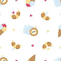 Cute cartoon camera, ice cream and croissant vector seamless pattern. Funny french doodles.
