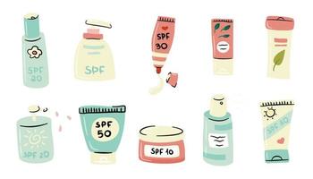 Cartoon sunscreen products set. Hand drawn cosmetic tubes, jars and bottles of cream with SPF.  Summer cosmetic packaging isolated on white. Concept of skin protection, skin care. Vector illustration.