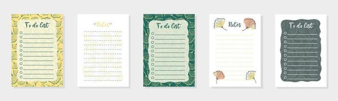 Set of to do list with ginkgo biloba leaves.  Template for organizer, planner, agenda, scheduler, notebooks. Flat vector illustration.