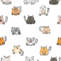 lindos gatos de dibujos animados vector de patrones sin fisuras. divertidos personajes animales dibujados a mano con diferentes emociones. adecuado para tela, textil, papel de envolver, papel pintado.