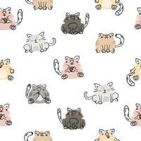 lindos gatos de dibujos animados vector de patrones sin fisuras. divertidos personajes animales dibujados a mano con diferentes emociones. adecuado para tela, textil, papel de envolver, papel pintado.