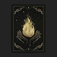 Hands holding magic fire  with engraving, hand drawn, luxury, celestial, esoteric, boho style, fit for spiritualist, religious, paranormal, tarot reader, astrologer or tattoo vector