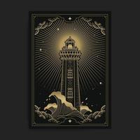 faro en medio del mar con olas y nubes de tormenta, ilustración con temas esotéricos, boho, espirituales, geométricos, astrológicos, mágicos, para tarot o carteles vector