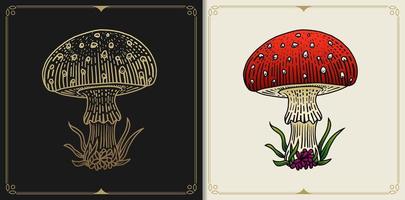Mushroom or fungus with engraving, hand drawn, luxury, celestial, esoteric, boho style, fit for spiritualist, religious, paranormal, tarot reader, astrologer or tattoo vector