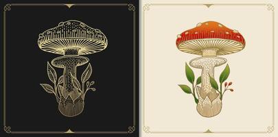 Mushroom or fungus Russula aurea with engraving, hand drawn, luxury, celestial, esoteric, boho style, fit for spiritualist, religious, paranormal, tarot reader, astrologer or tattoo vector