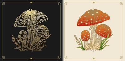Russula aurea mushroom or fungus with engraving, hand drawn, luxury, celestial, esoteric, boho style, fit for spiritualist, religious, paranormal, tarot reader, astrologer or tattoo vector