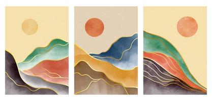 Conjunto de ilustraciones creativas minimalistas pintadas a mano de mediados de siglo moderno. Fondo de paisaje abstracto natural. montaña, bosque, mar, cielo, sol y río vector