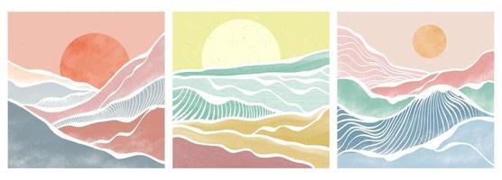 mountain and ocean wave on set. abstract contemporary aesthetic backgrounds landscapes. vector illustrations