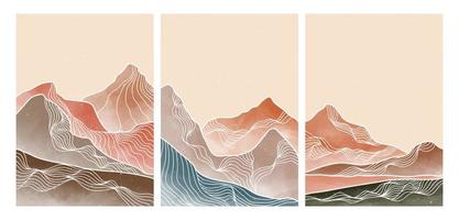 montaña abstracta natural en el set con arte lineal. impresión de arte minimalista moderno de mediados de siglo. paisaje de fondos abstractos. ilustraciones vectoriales vector