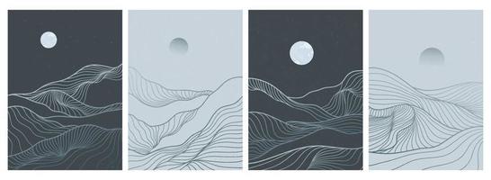 conjunto de impresión de arte de línea moderna minimalista creativa. abstracto montaña contemporáneo estética fondos paisajes. con montaña, bosque, mar, horizonte, ola. ilustraciones vectoriales vector