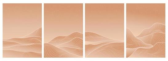 Mountain and ocean background with line art wave pattern on set. Abstract contemporary aesthetic backgrounds landscapes. vector illustrations