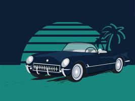 coche retro en el fondo del diseño de sol y palmeras vector