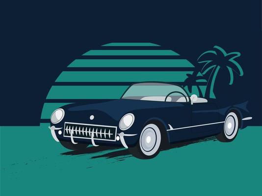 Retro car on background of sun and palm trees design