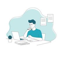 Thinking man at work desk vector