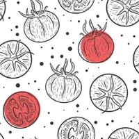 Tomatoes hand engraving seamless vintage pattern. Background with garlic sketch vegetables and colored spots. Food model vector illustration. Template for fabric, packaging and design