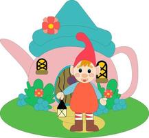 Cute dwarf with a flashlight on the background of a house with flowers and plants. Vector cartoon illustration on a white background.