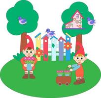 Garden gnomes with flowers, a wheelbarrow against the background of a fence and trees with a birdhouse and birds. Vector cartoon flat illustration.