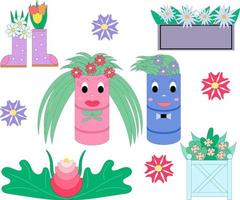 Set of garden flowers. Boots, barrels and different containers for flowers are used. Cartoon characters in the form of a pair of barrels with flowers. Vector flat illustration.