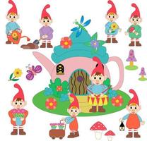 Garden gnome characters with various gardening tools, flashlight, wheelbarrow, flowers, mushrooms, drum, shovel. House. Dragonfly, butterflies. mushrooms and flowers. Vector illustration.