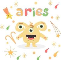Cute cartoon zodiac monster Aries. Against the background of cosmic attributes, stars, shooting star, zodiac sign. Great print for kids clothes. Postcard for congratulations. vector