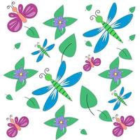 Colorful seamless pattern with insects and flowers. Butterfly and dragonfly design. Floral pattern for wallpaper, fabric and wrapping paper. vector