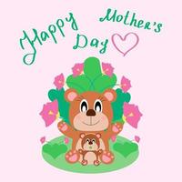 Cute cartoon mother's day card. In children's style with bears. Vector flat illustration on a light pink background.