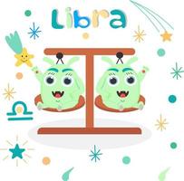 Cute cartoon zodiac monster Libra. Against the background of cosmic attributes, stars, shooting star, zodiac sign. Great print for kids clothes. Postcard for congratulations. vector