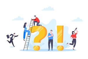 Q and A or FAQ concept with tiny people characters, big question and exclamation mark. vector