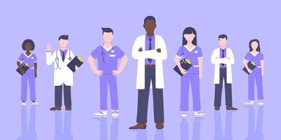 Medical staff doctor team with face masks clinic employee vector illustration.