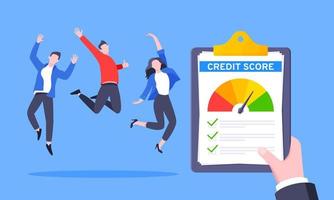 Good credit score business concept with clipboard, score gauge meter and happy people jumping in the air.