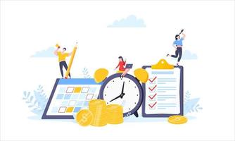 Time is money or saving money business concept. Tiny people working with clock, calendar schedule and checklist symbol. vector