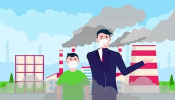 hombre y niño confundidos con máscara contra el smog. polvo fino, contaminación del aire, concepto de protección contra el smog industrial diseño de estilo plano ilustración vectorial. tuberías de fábrica industrial con enormes nubes de humo. vector