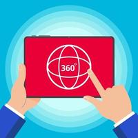 Hands holding tablet device with 360 degrees angle icon sign on the screen outline flat design style vector illustration isolated on blue background. Symbol of 360 degrees VR videos, photo and games.