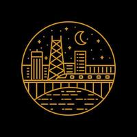 un tren cruza una torre de la ciudad por la noche, diseño de línea mono, diseño para camiseta, placa, pegatina, etc. vector