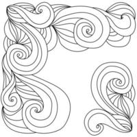 Ornate doodle patterns in swirls for corner frame, anti stress zen coloring page with waves and spirals vector