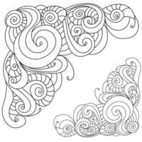 Decorative contour zen corners with swirls and spirals, coloring page from curved doodles vector