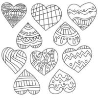 Set of doodle hearts with simple patterns of lines, waves and circles, antistress coloring page valentine's day vector