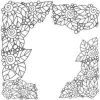 esquinas decorativas de flores y hojas de garabatos de contorno, página para colorear antiestrés de plantas zen con espirales y círculos vector