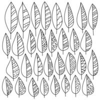 Set of doodle leaves with lines, waves and round patterns, ornate parts of plants, zen antistress coloring page contour vector illustration