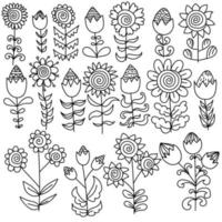 Doodle flower set with buds and open petals, single plants and decorative flower sprigs vector