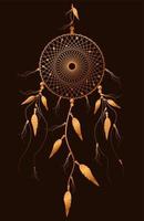 dreamcatcher with mandala ornament and bird feathers. Gold Mystic symbol, Ethnic art with native American Indian boho design, vector isolated on old vintage black background