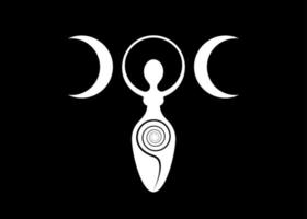 logo de la mujer wiccan diosa de la triple luna, espiral de fertilidad, símbolos paganos, ciclo de vida, muerte y renacimiento. símbolo de la madre tierra wicca de la procreación sexual, icono de signo blanco vectorial aislado en negro vector