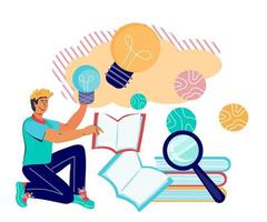 Man cartoon character generating bright idea using knowledge and creative mind. Education and intelligence power. Finding solution and innovations development. Flat vector illustration isolated.