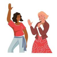 Young smiling cheerful women of different nationalities wave their hand in a friendly greeting, flat vector illustration isolated on white. Two girlfriends, multiracial friendship.