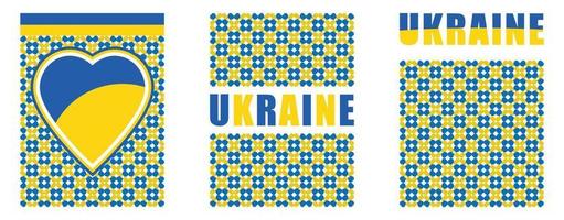 Ukraine pattern for national day with modern design. Ukrainian flag and map with typography and blue yellow color theme. Conflict with Russia, raised fists for solidarity and embroidery background vector